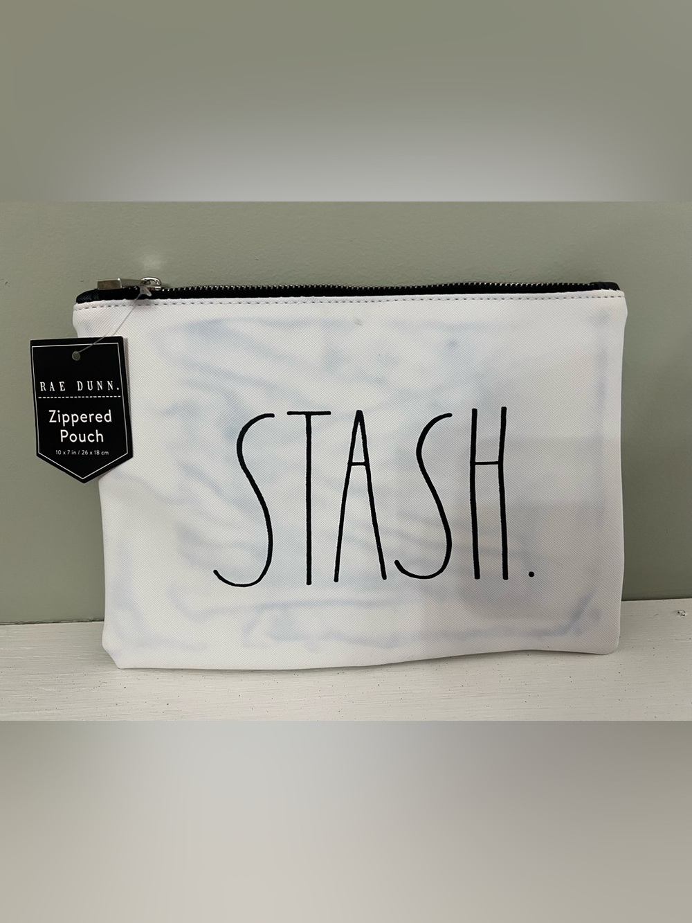 NWT Rae Dunn Stash Pouch White Makeup Cosmetic Travel Zip Up Bag Flawed